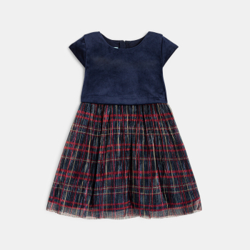 فستان حفلات مخمل وتول مصنوع من مادتين مربعات، أزرق، بناتي رُضع